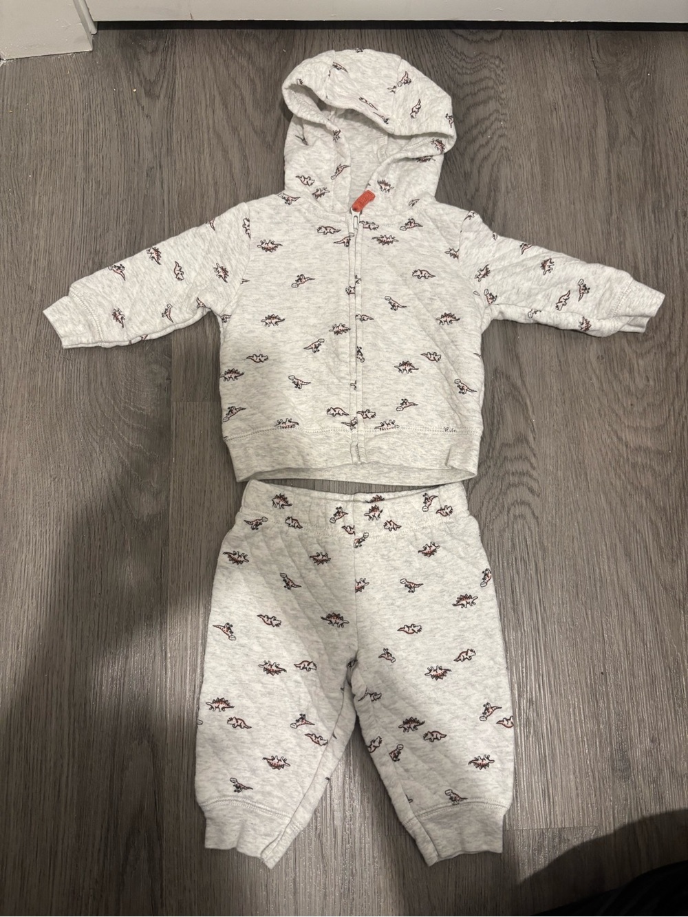 Carter's Light Gray Baby Hoodie and Pants Set with Small Maroon Dino Prints